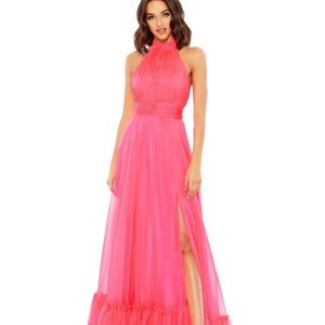 Mac Duggal 67816 High Neck Tiered Chiffon Open Back Halter Gown Hot Pink Size 4